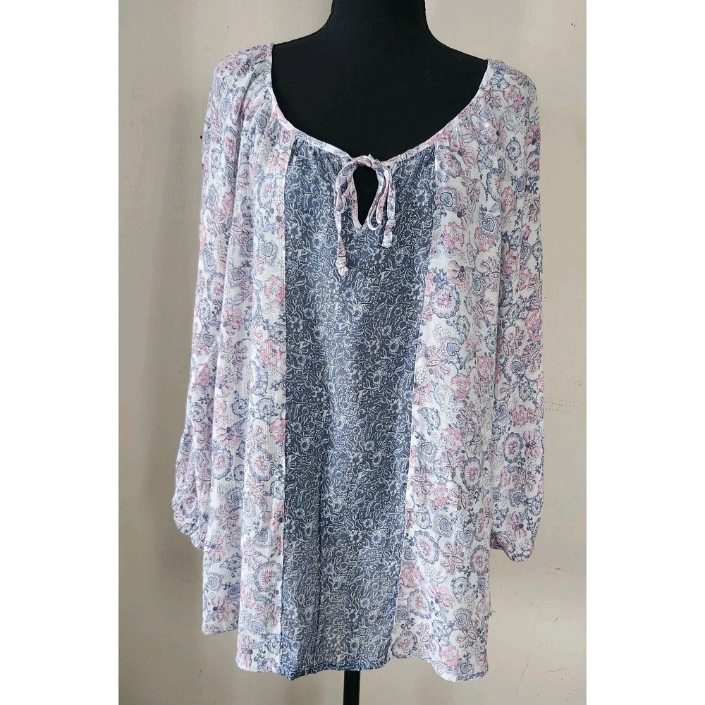 Como Vintage Womens XXL 1X Pink Navy Floral Cottagecore Top Blouse Shirt Boho